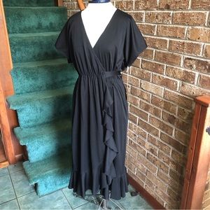 VTG 80s RARE ILGWU Kappi Brand Black Ruffles Wrap Dress